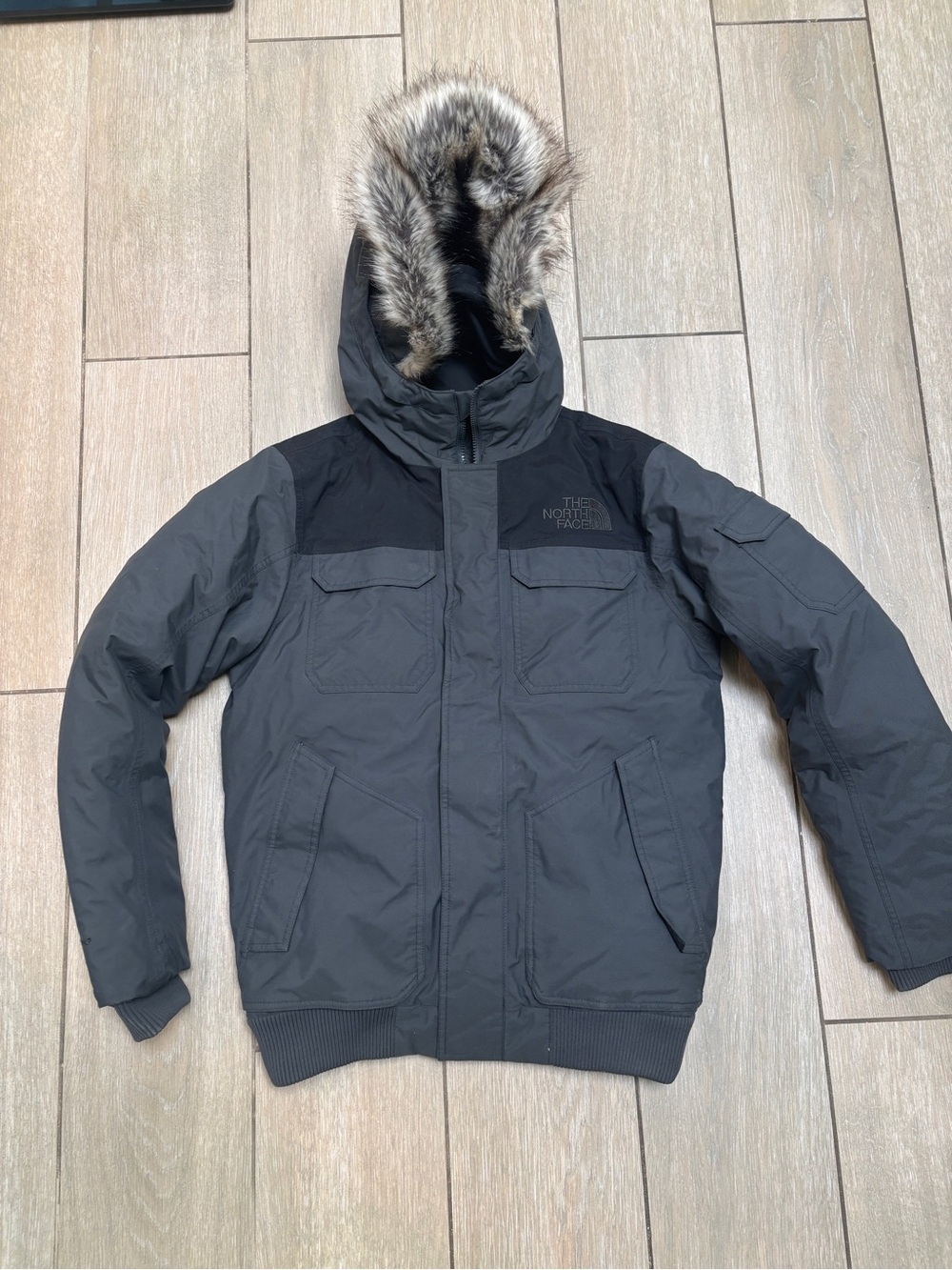 The North Face Men's Black & Charcoal Hooded Puffer Jacket with Faux Fur Trim